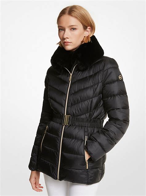 Faux Fur Trim Quilted Nylon Packable Puffer Jacket 